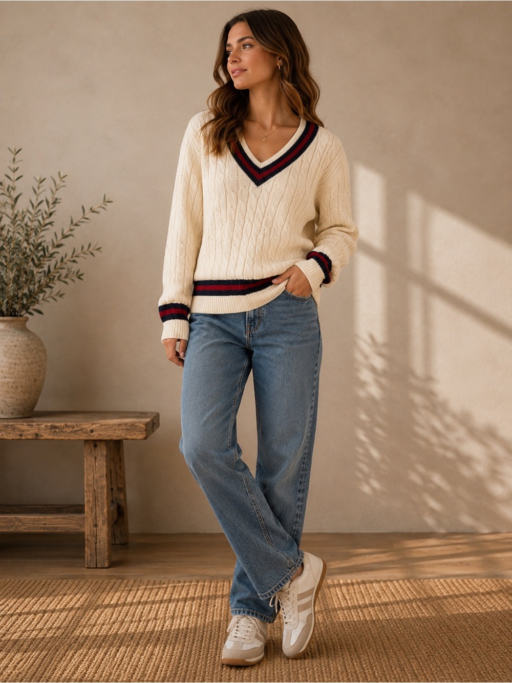 Brandy Melville Cream V-Neck Cable Knit Sweater with Red & Navy Trim